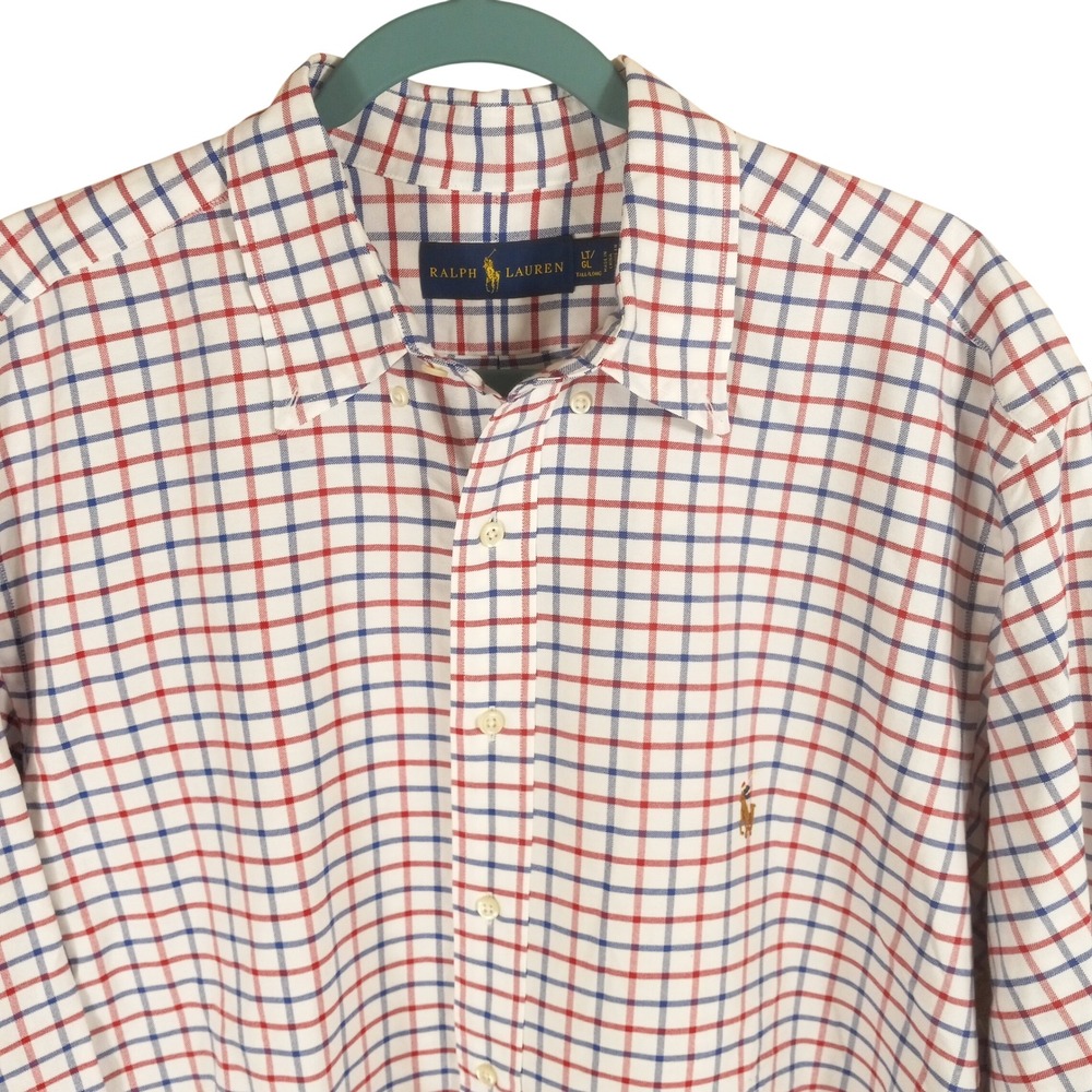 Ralph Lauren Mens LT Tall Red Blue Tattersall Check Button Down Shirt Cotton - Picture 4 of 7